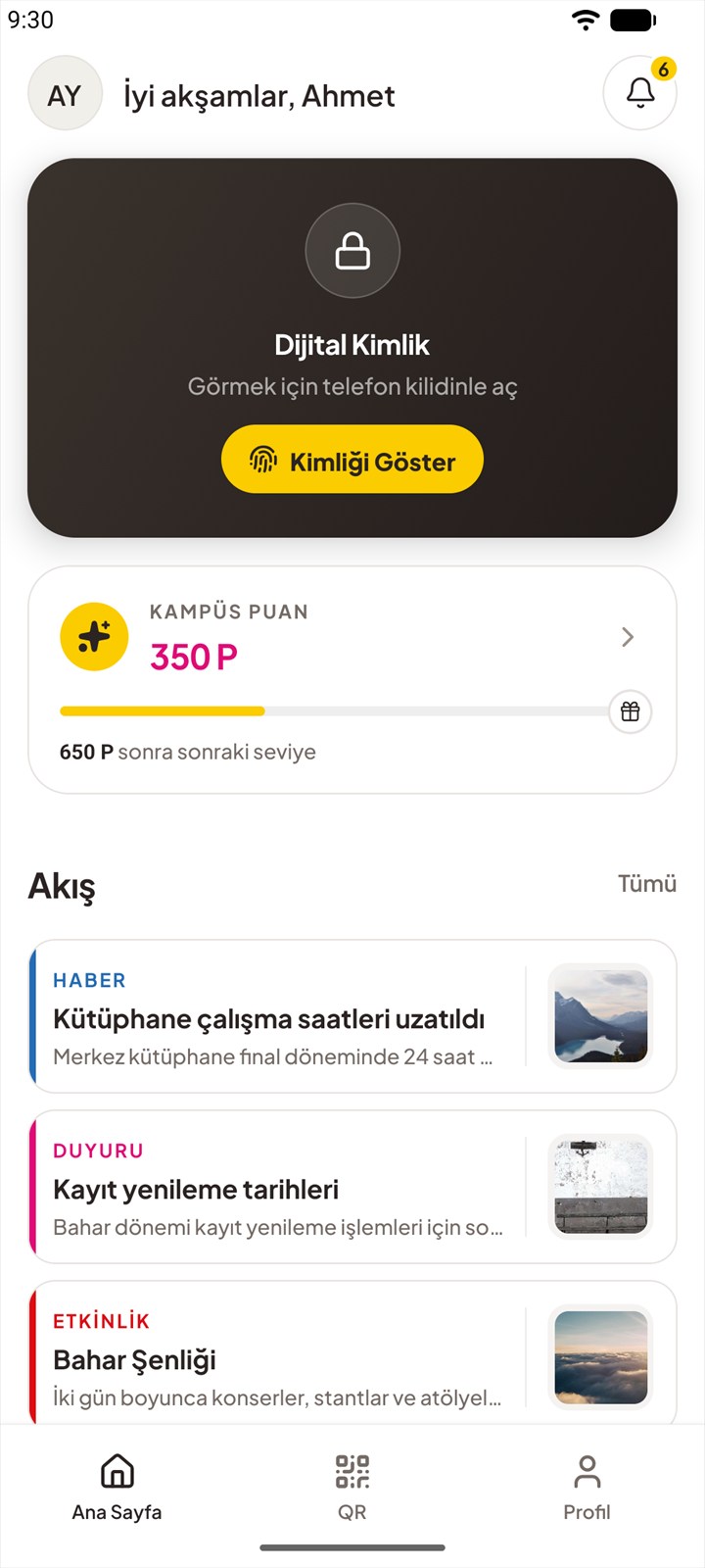 kampus.al ana sayfası: kilitli dijital kimlik kartı, kampüs puan kartı ve haber, duyuru, etkinlik akışı.