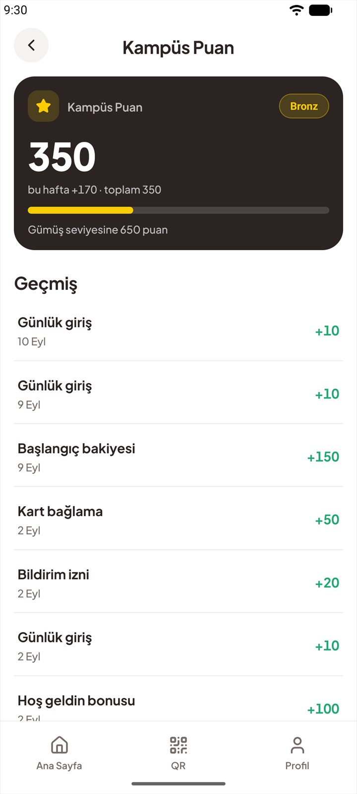 Kampüs puan ekranı: toplam puan, seviye rozeti, sonraki seviyeye kalan puan ve puan kazanım geçmişi listesi.