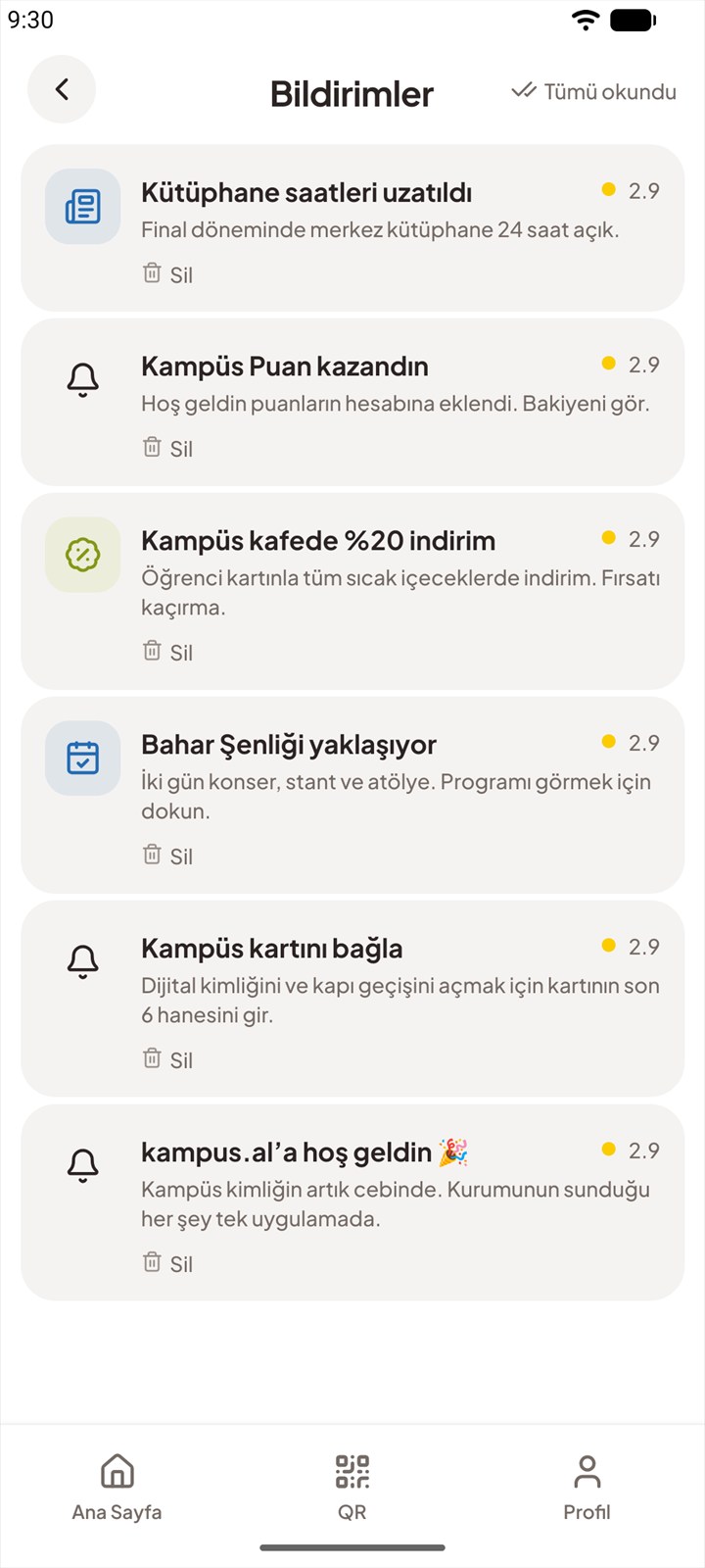 Bildirimler ekranı: kütüphane, puan, fırsat ve etkinlik bildirimlerinin tarihli listesi.