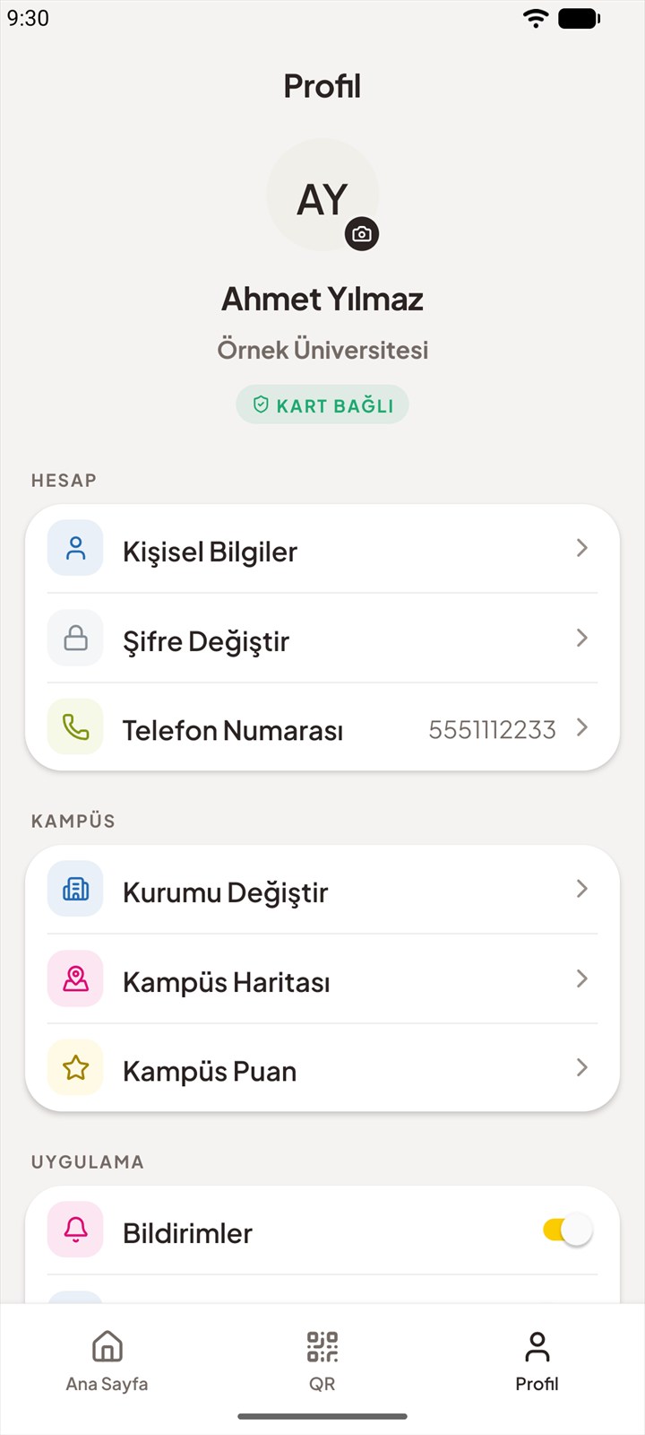Profil ekranı: kullanıcı adı, kurum adı, kart bağlı rozeti ve hesap, kampüs, uygulama ayarları listeleri.